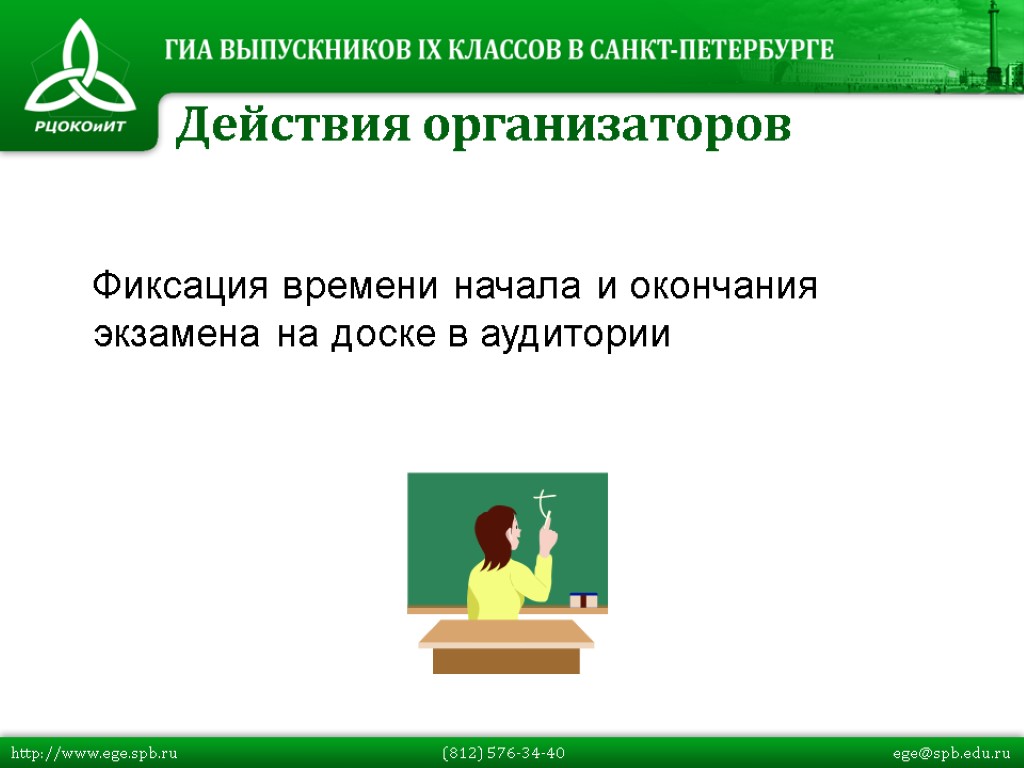 Фиксация времени начала и окончания экзамена на доске в аудитории Действия организаторов http://www.ege.spb.ru (812)